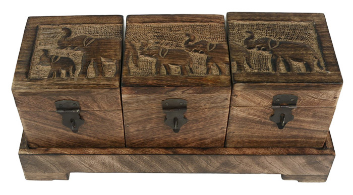 Set Of 3 Elephant Boxes On Stand - Click Image to Close